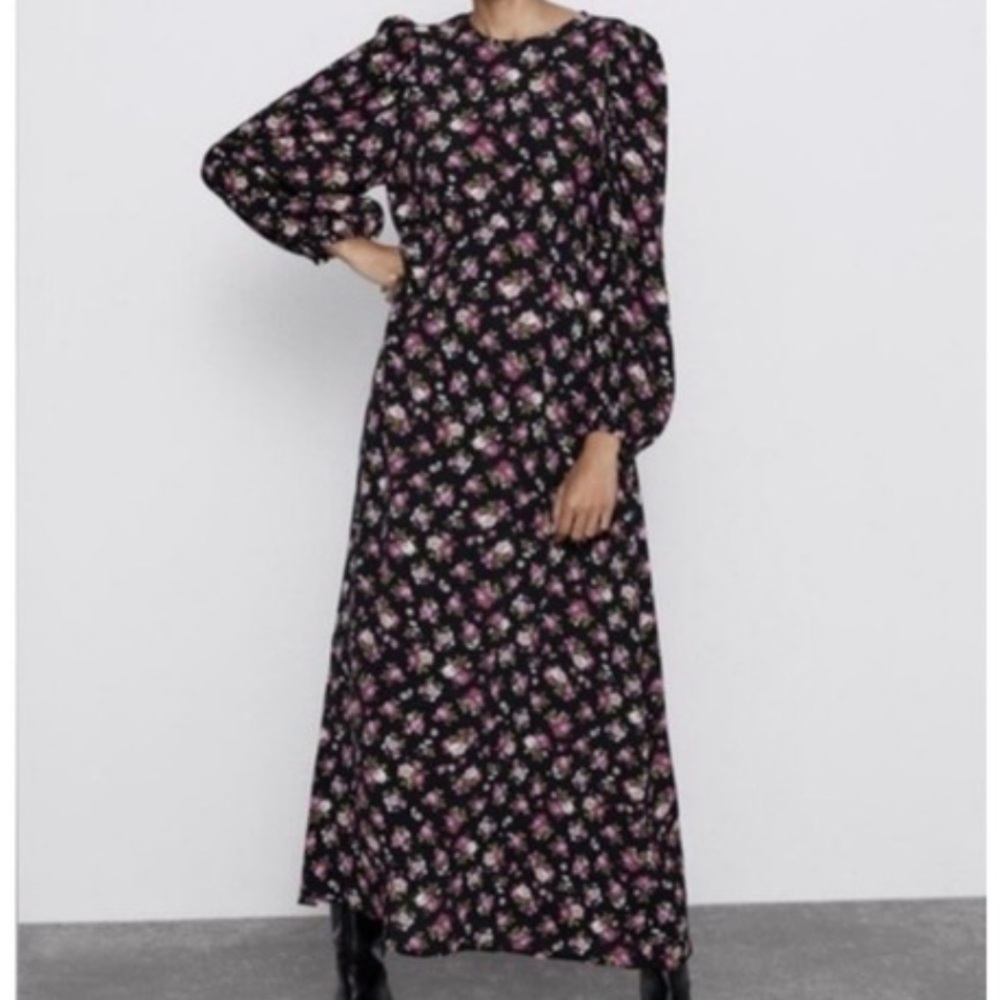 Zara Maxi Floral Dress S Black Red Pink Empire Waist Cottagecore Country Kayhole